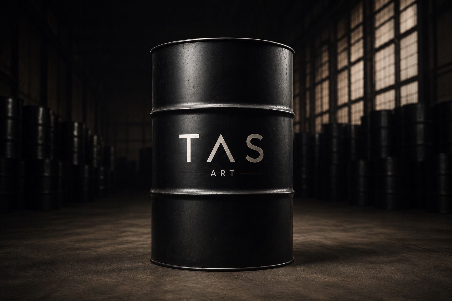 Schwarzes Ölfass mit TAS-ART-Logo in einer dunklen Lagerhalle