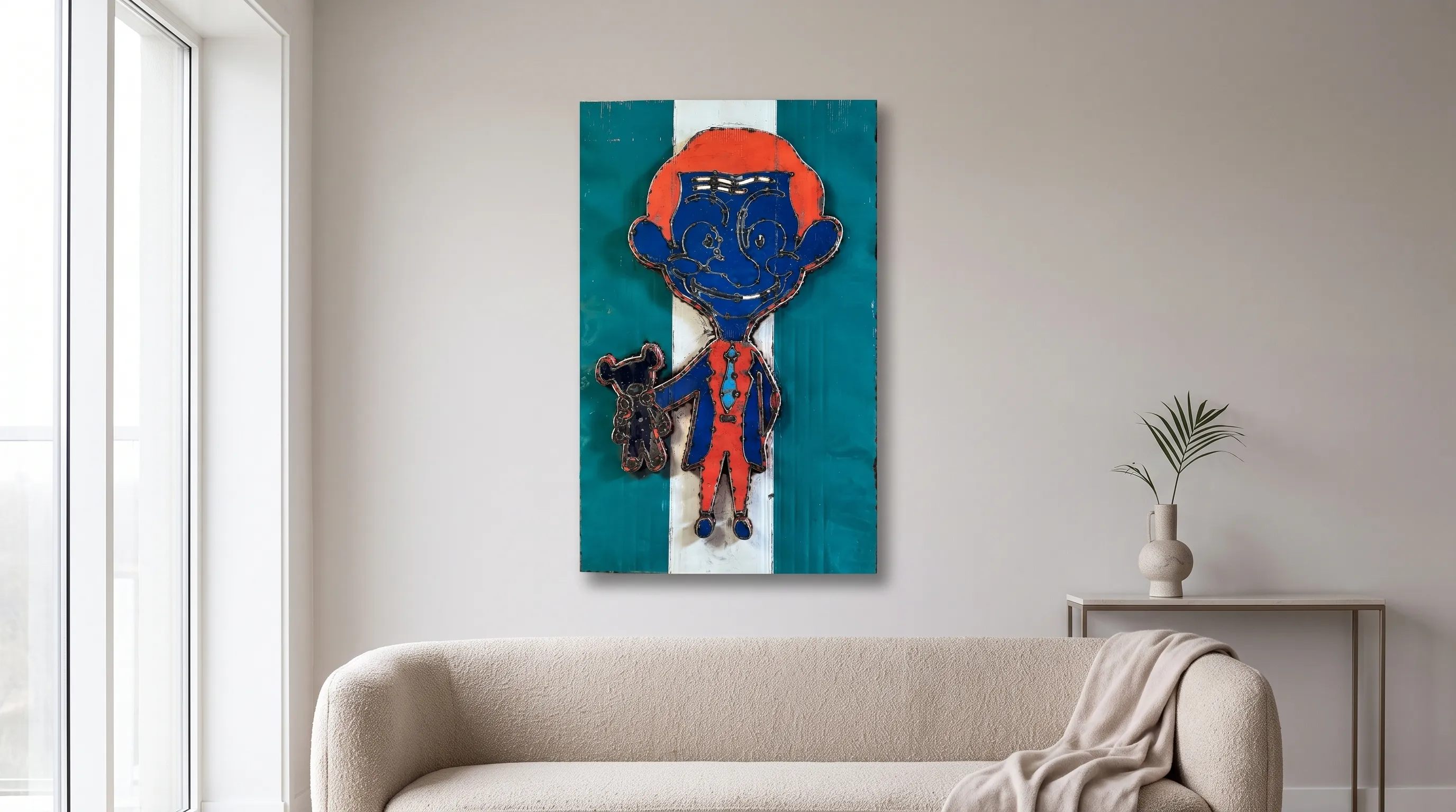 Stahlbild Mr. Bean an der Wand, Wohnzimmer